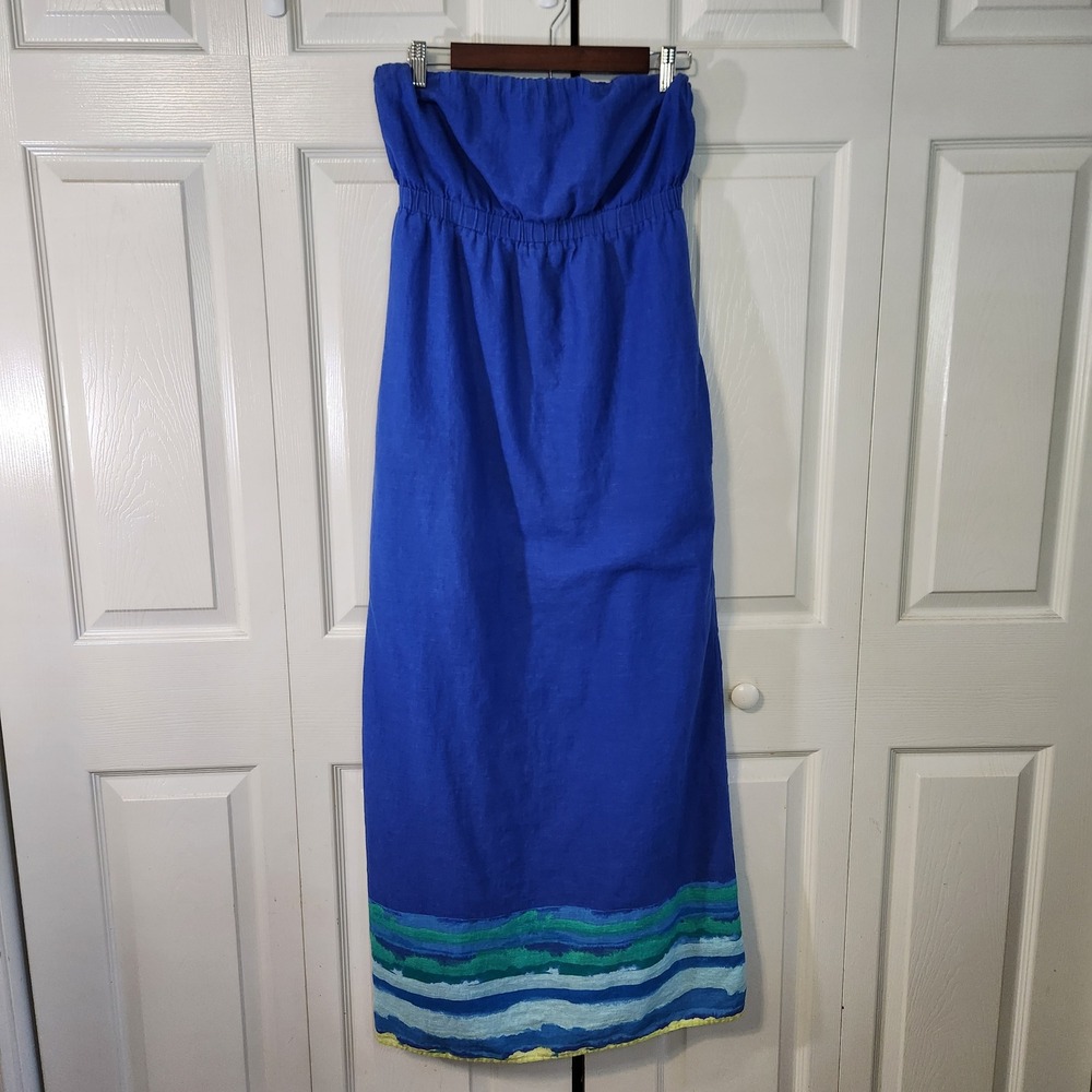 Blue Strapless Linen Blend Maxi Dress Med Striped Hem Pockets Cobalt Boho
